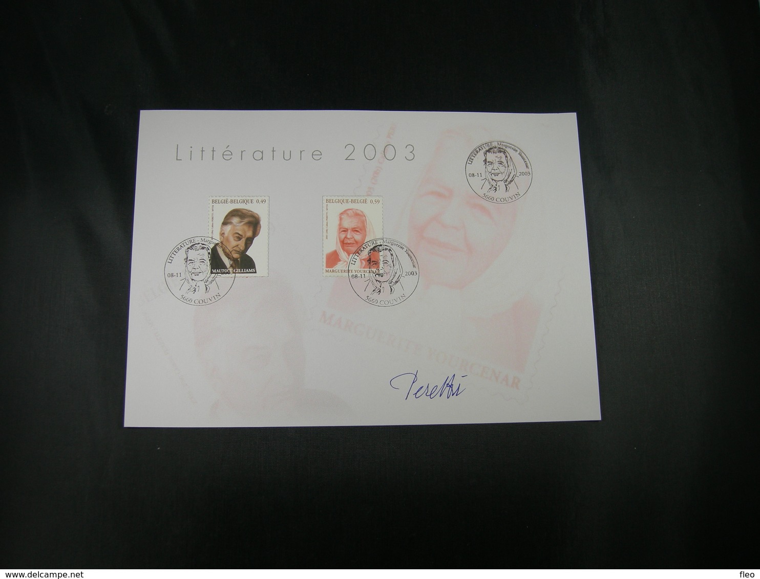 BELG.2003 3221 & 3222 FDC Philacard(Couvin) Littérature :Gilliams & Yorcennar "avec Signature Designer Peretti Calistro" - 2001-2010