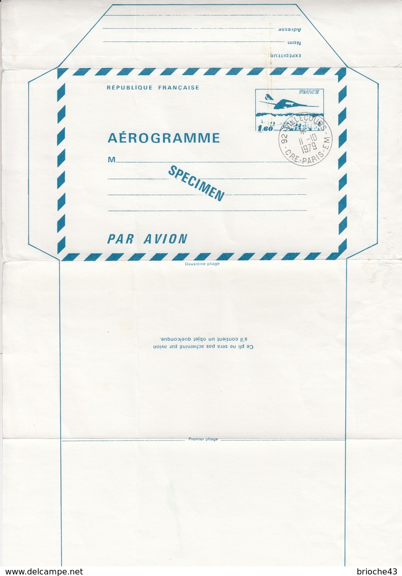 FRANCE - AEROGRAMME  SPECIMEN BLEU CONCORDE 1.60  - CACHET 92 VILLECOURS - CRE -PARIS -EM 11.10.1979  / TBS - Aérogrammes