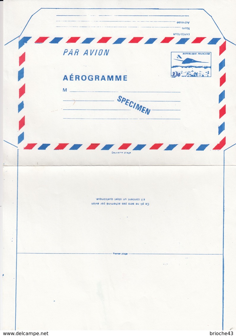 FRANCE - AEROGRAMME  SPECIMEN BLEU CONCORDE 3.30  / TBS - Aérogrammes