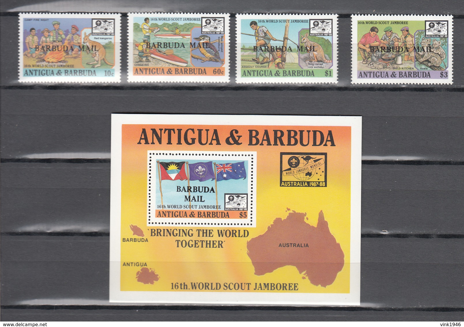 Barbuda Mail 1988,4V+Block,ovpt BARBUDA MAIL,scouting,padvinderij,pfadfinder,scoutisme,birds,vogels,,MNH/Postfris(L3469) - Neufs