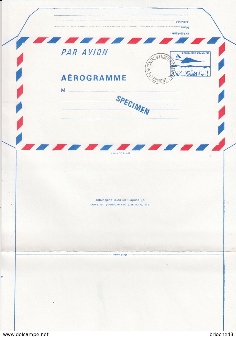 FRANCE - AEROGRAMME  SPECIMEN BLEU CONCORDE 3.10 POUR LE CENTRE D'ENSEIGNEMENT DE LA POSTE - CLERMONT FD 63 / TBS - Aérogrammes