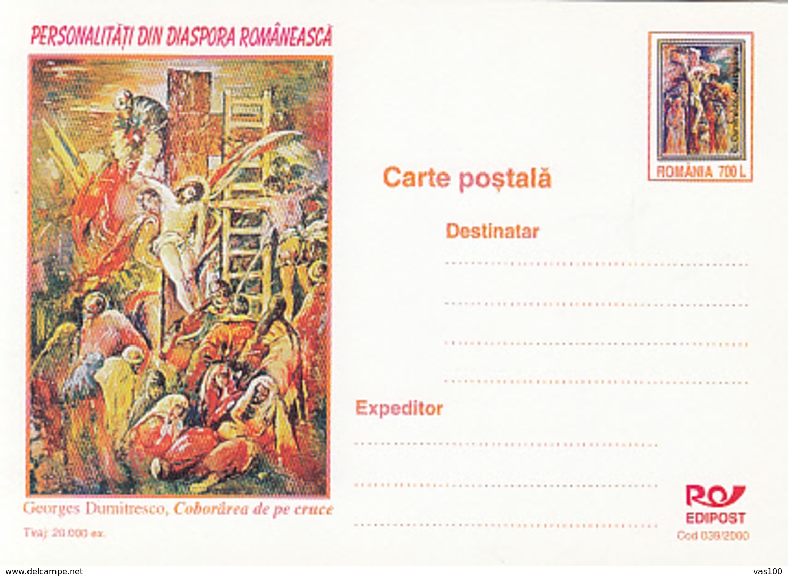 PAINTINGS, GEORGES DUMITRESCO- THE DESCENT FROM THE CROSS, PC STATIONERY, ENTIER POSTAL, 2000, ROMANIA - Sonstige & Ohne Zuordnung