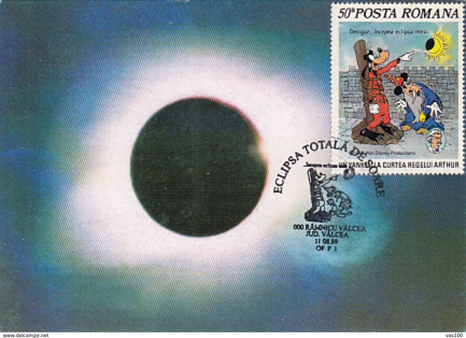 ASTRONOMY, TOTAL SOLAR ECLIPSE, DISNEY CARTOONS CHARACTERS STAMP, CM, MAXICARD, CARTES MAXIMUM, 1999, ROMANIA - Astronomia