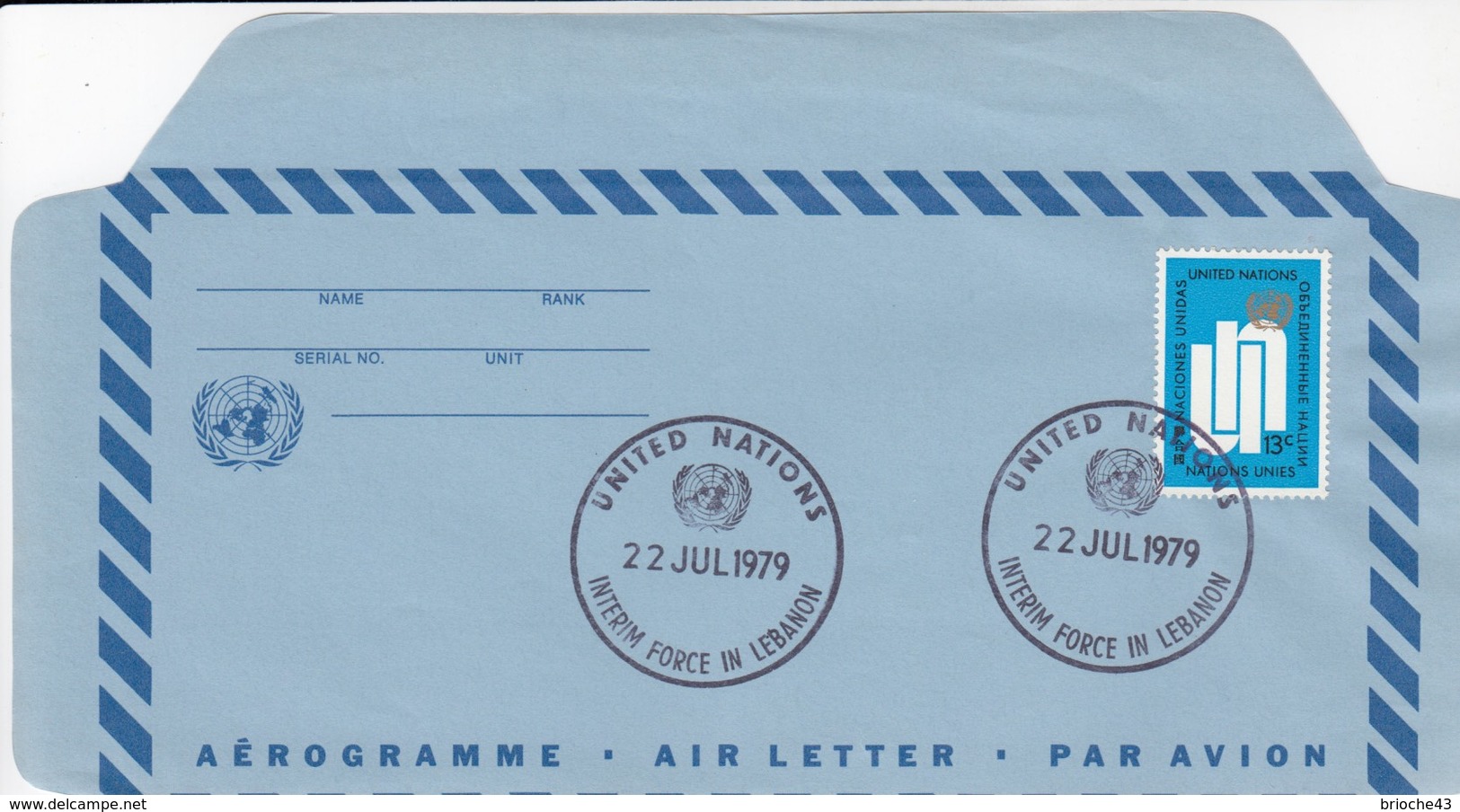 UNITED NATIONS - AEROGRAMME 13c - CACHET INTERIM FORCE IN LEBANON 22 JUL 1979  /3 - Autres & Non Classés