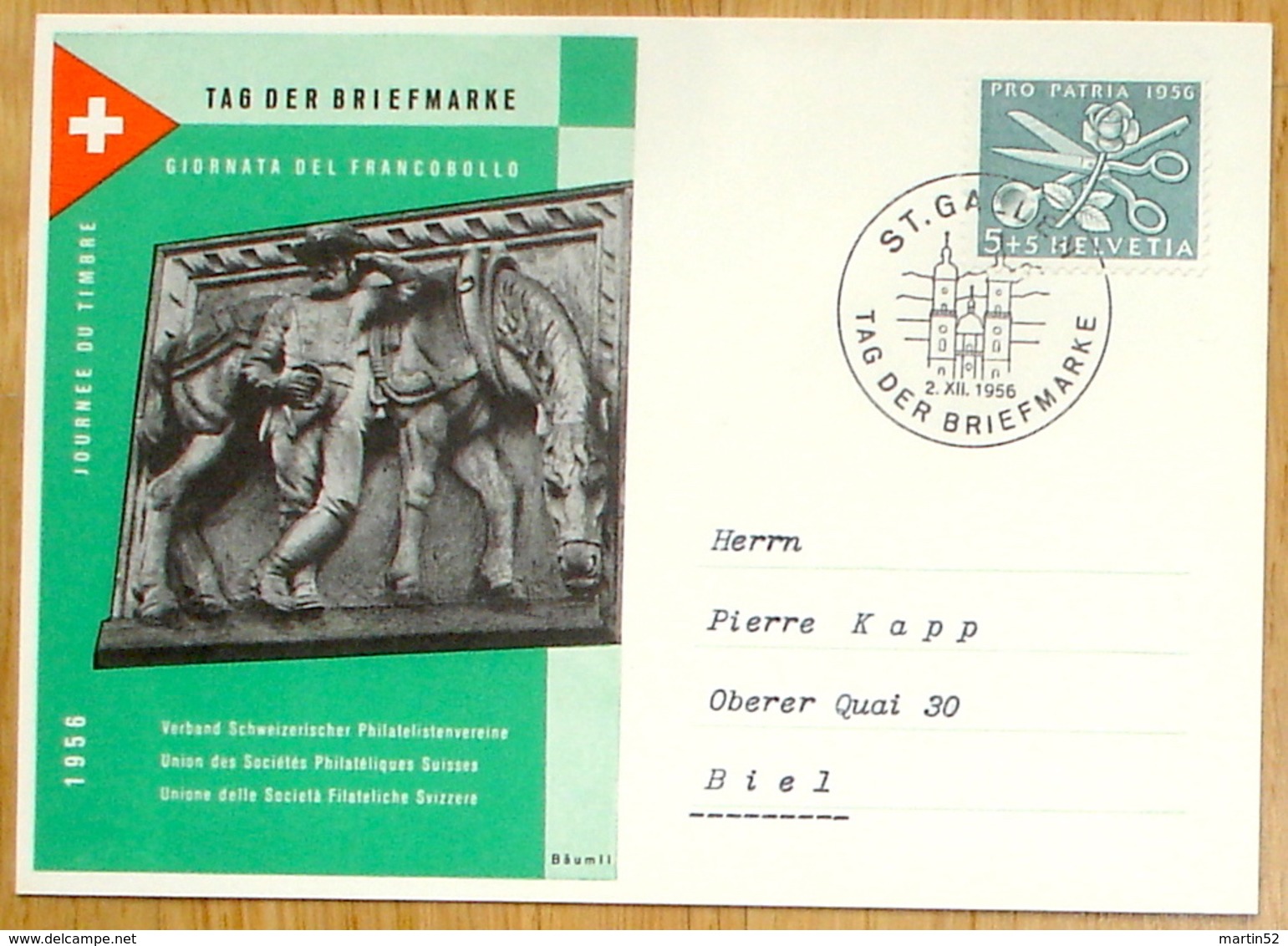 Schweiz Suisse 1956: BPK CPI "Post-Pferd" Zu 76 Mi 627 Yv 576 O ST.GALLEN 2.XII.1956 TAG DER BRIEFMARKE (Zu CHF 15.00) - Tag Der Briefmarke