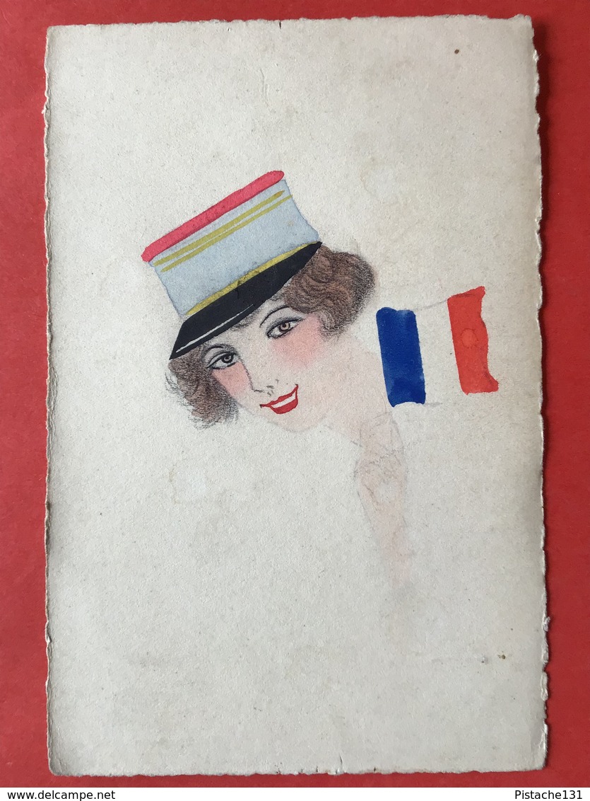 1914 - CARTE PEINT MAIN - HANDGESCHILDERD - FEMME FRANCAISE - DRAPEAU FRANCAIS - VLAG FRANKRIJK - Patriotiques