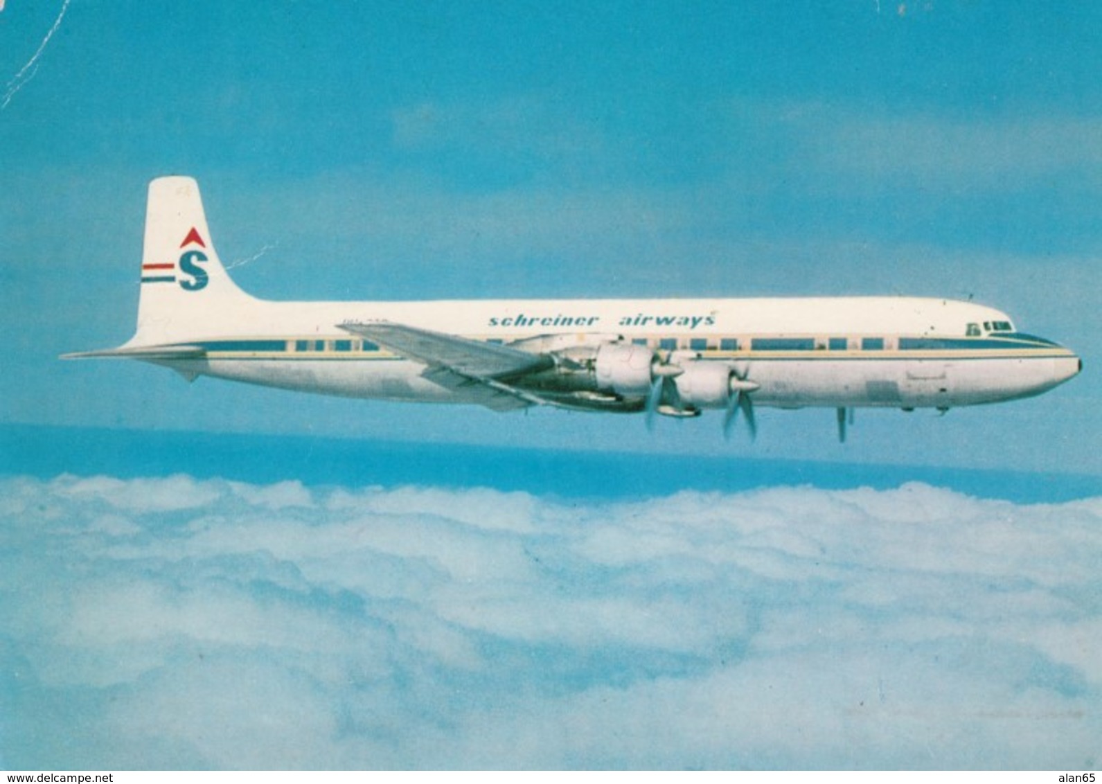 Schreiner Airways DC-7c In Flight, Propeller Plane, C1960s Vintage Postcard - 1946-....: Modern Era