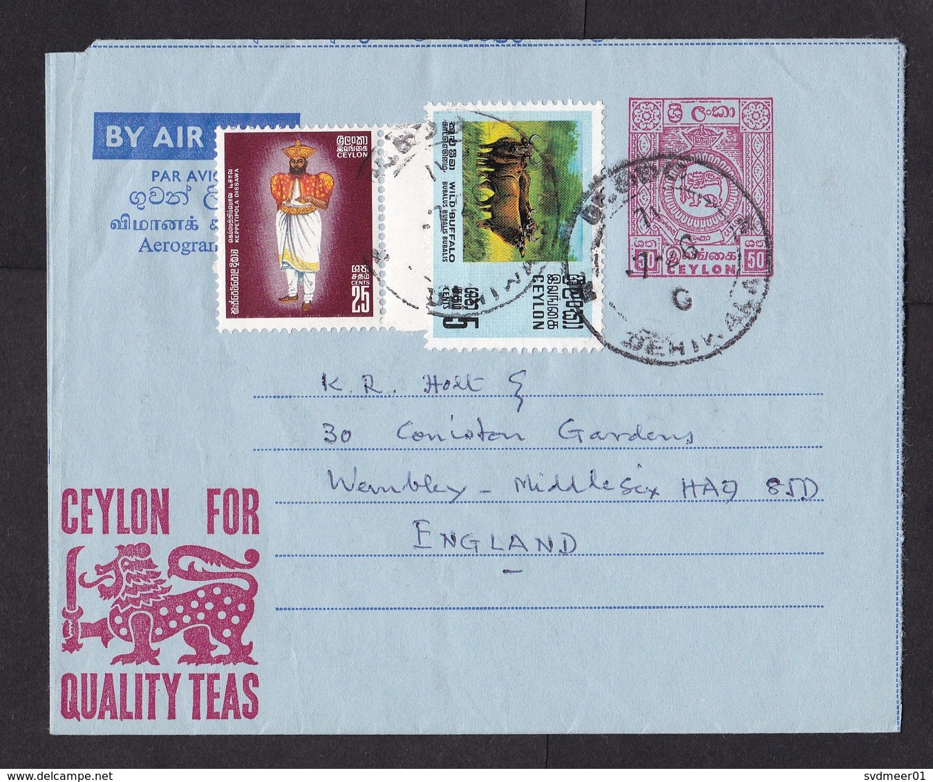 Sri Lanka: Stationery Aerogramme To UK, 1971, 2 Extra Stamps, Buffalo, Slogan Quality Tea, Air Letter (traces Of Use) - Sri Lanka (Ceylon) (1948-...)