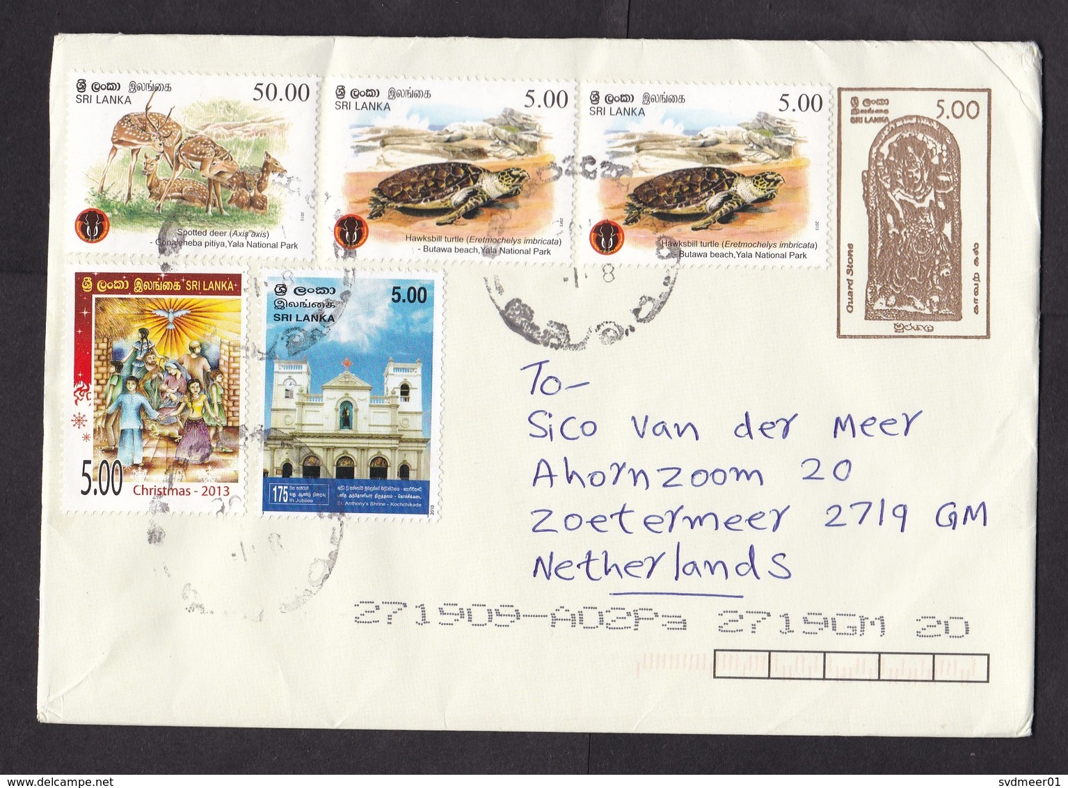 Sri Lanka: Stationery Cover To Netherlands, 5 Extra Stamps, Turtle, Deer, Animal, Religion, Heritage (traces Of Use) - Sri Lanka (Ceylon) (1948-...)