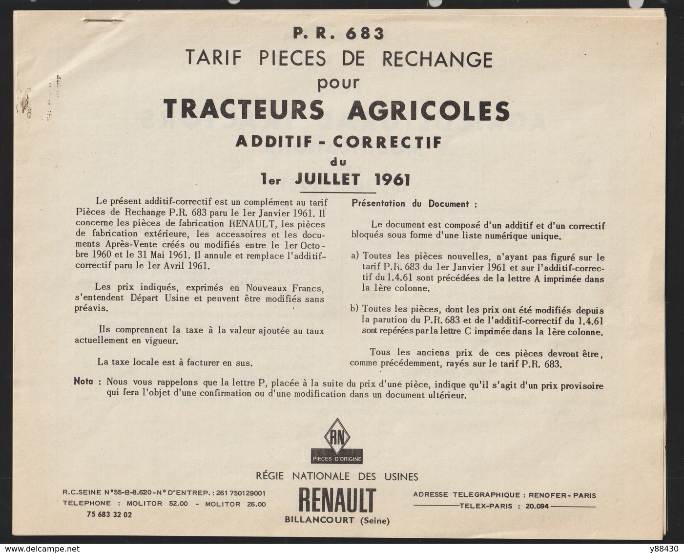 RENAULT - TRACTEURS AGRICOLES - Additif Correctif De Juillet 1961 - TARIF DES PIECES DE RECHANGE - 18 Pages - 5 Photos - Machines