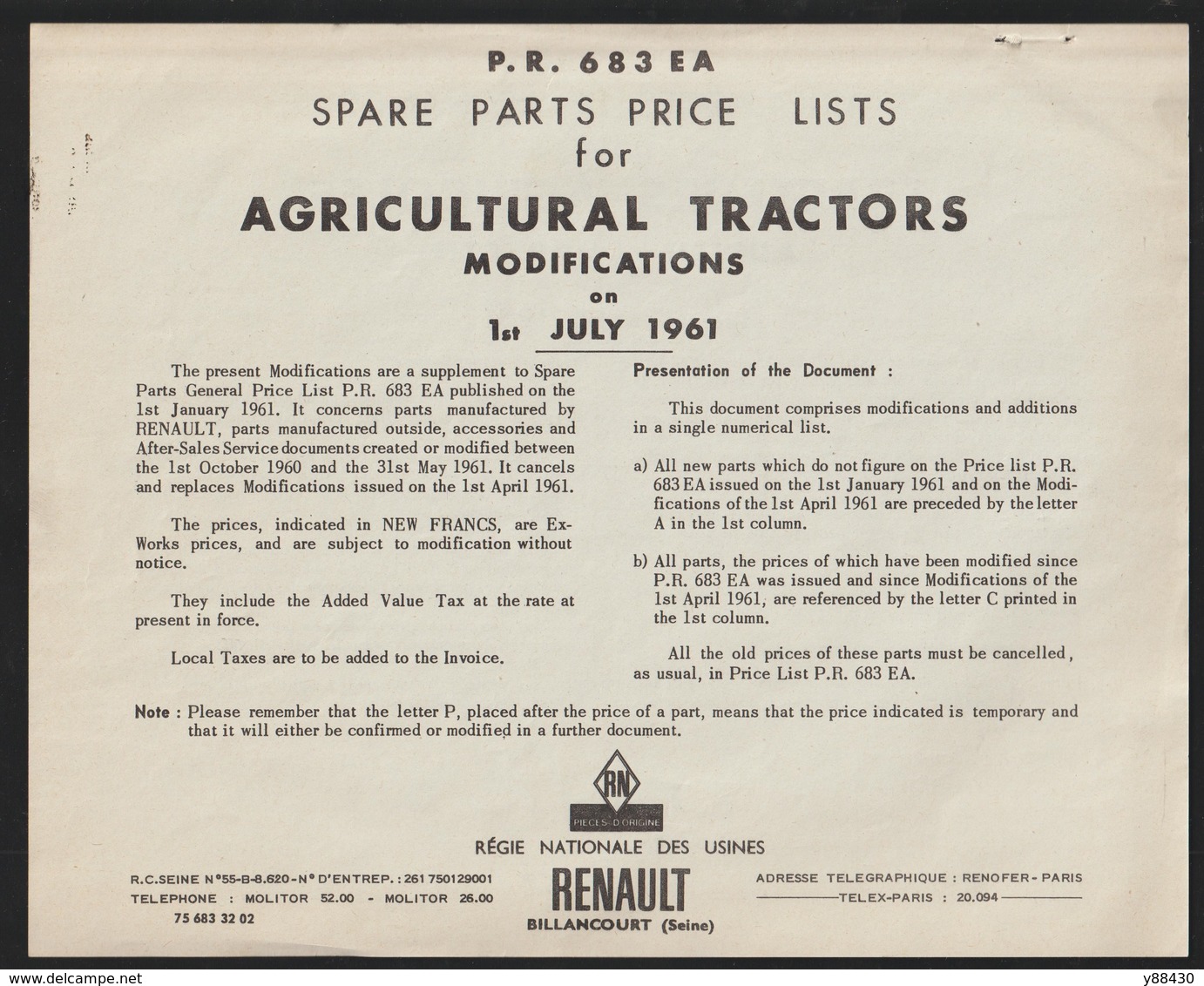 RENAULT - TRACTEURS AGRICOLES - Additif Correctif De Juillet 1961 - TARIF DES PIECES DE RECHANGE - 18 Pages - 5 Photos - Machines