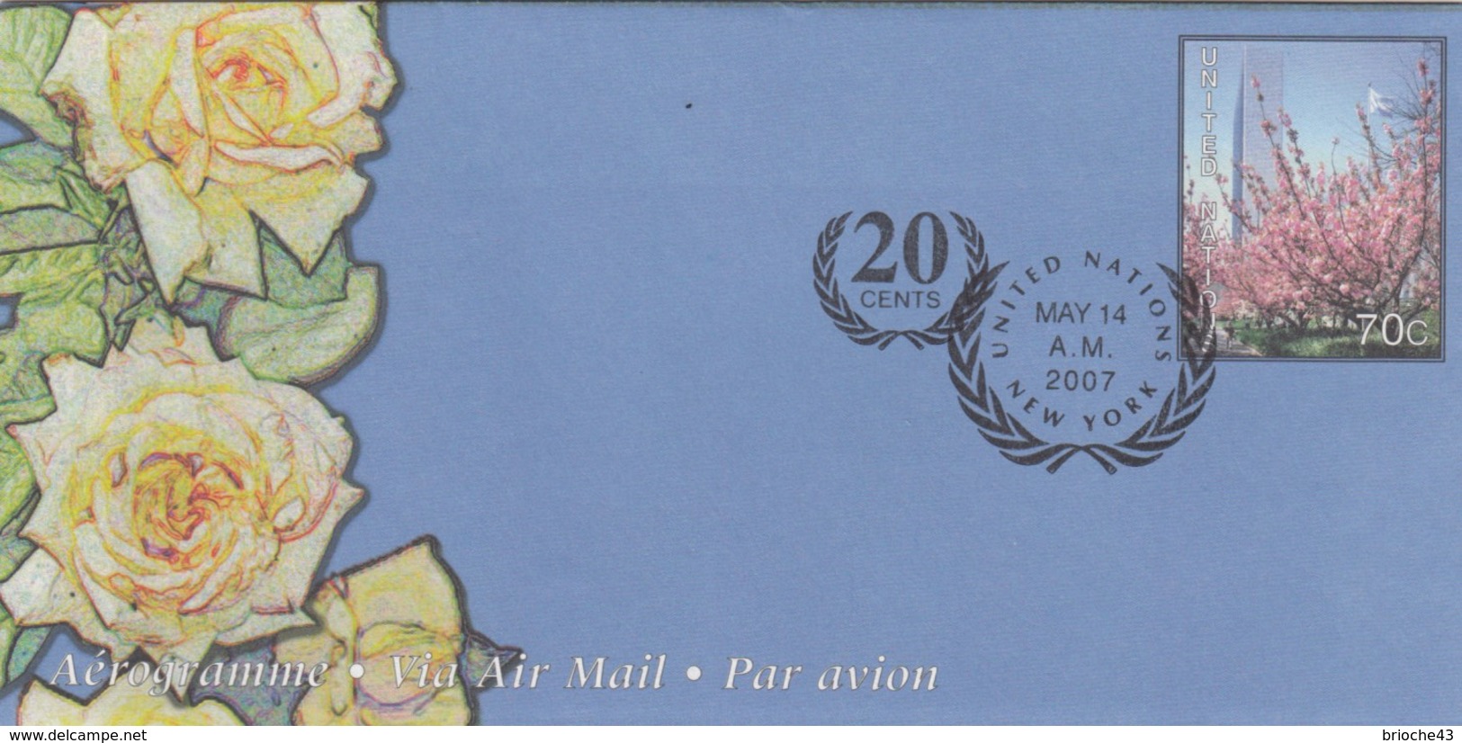 UNITED NATIONS - AEROGRAMME 70 C - COMPLEMENT AFFR.  20 CENTS - CACHET U.N. MAY 14.2007   /3 - Autres & Non Classés