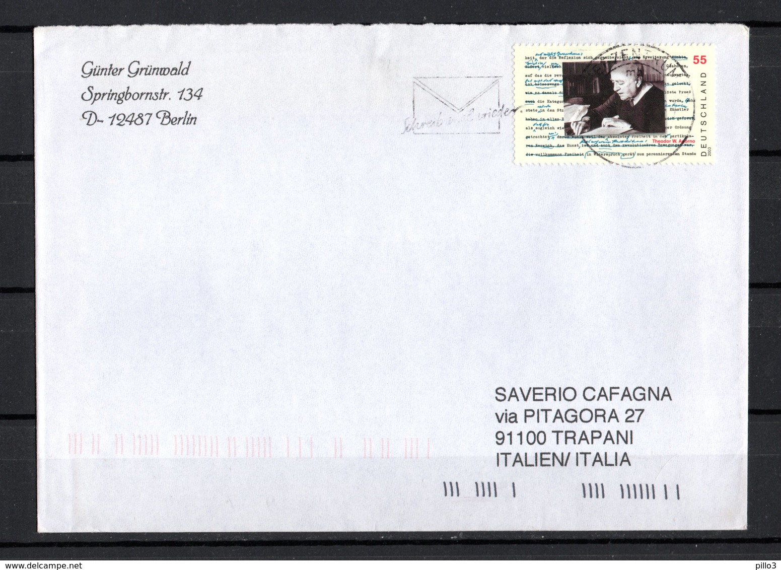 Germania R F T. :  Theodor W. Adorno - Isolato  Su Lettera   Cat. Mi  2361 -  11.09.2003 - Storia Postale