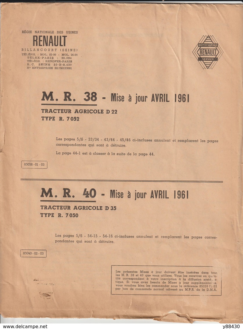 RENAULT - TRACTEURS AGRICOLES - D.22 Type R.7052  &  D.35 Type R.7050 - Mise à Jour De Avril 1961 - 14 Pages - 10 Photos - Machines