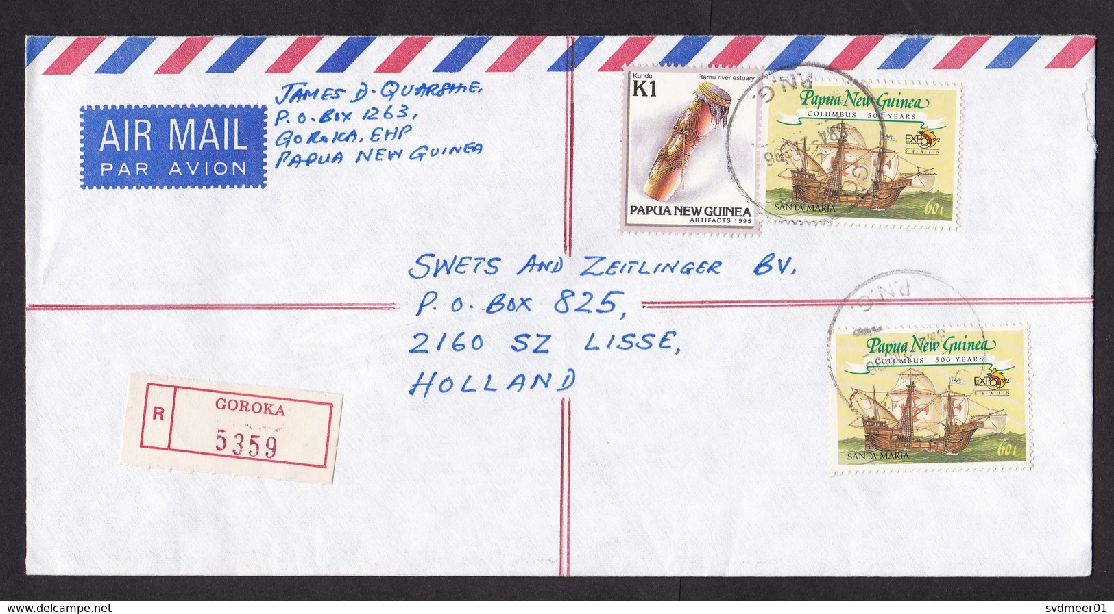 Papua New Guinea: Registered Cover To Netherlands 1996, 3 Stamps, Ship Columbus,heritage, R-label Goroka (traces Of Use) - Papoea-Nieuw-Guinea