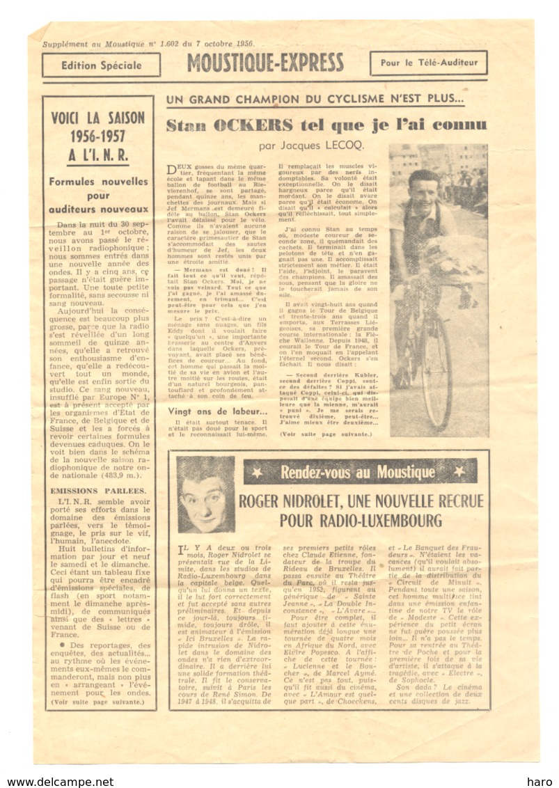 Article Paru Dans Le Supplément Du " Moustique " En 1956 - Stan OCKERS , Vélo Coureur Cycliste,... (van) - Cyclisme