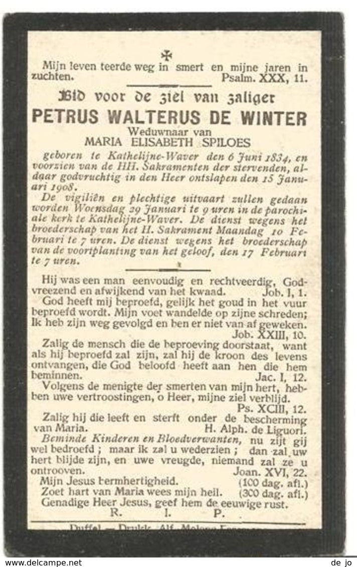 DE WINTER Petrus °1834 Kathelijne-Waver + 1908 Wed Spiloes Doodsprentje Image Mortuaire Immaginetta Funeral Card - Religion & Esotérisme