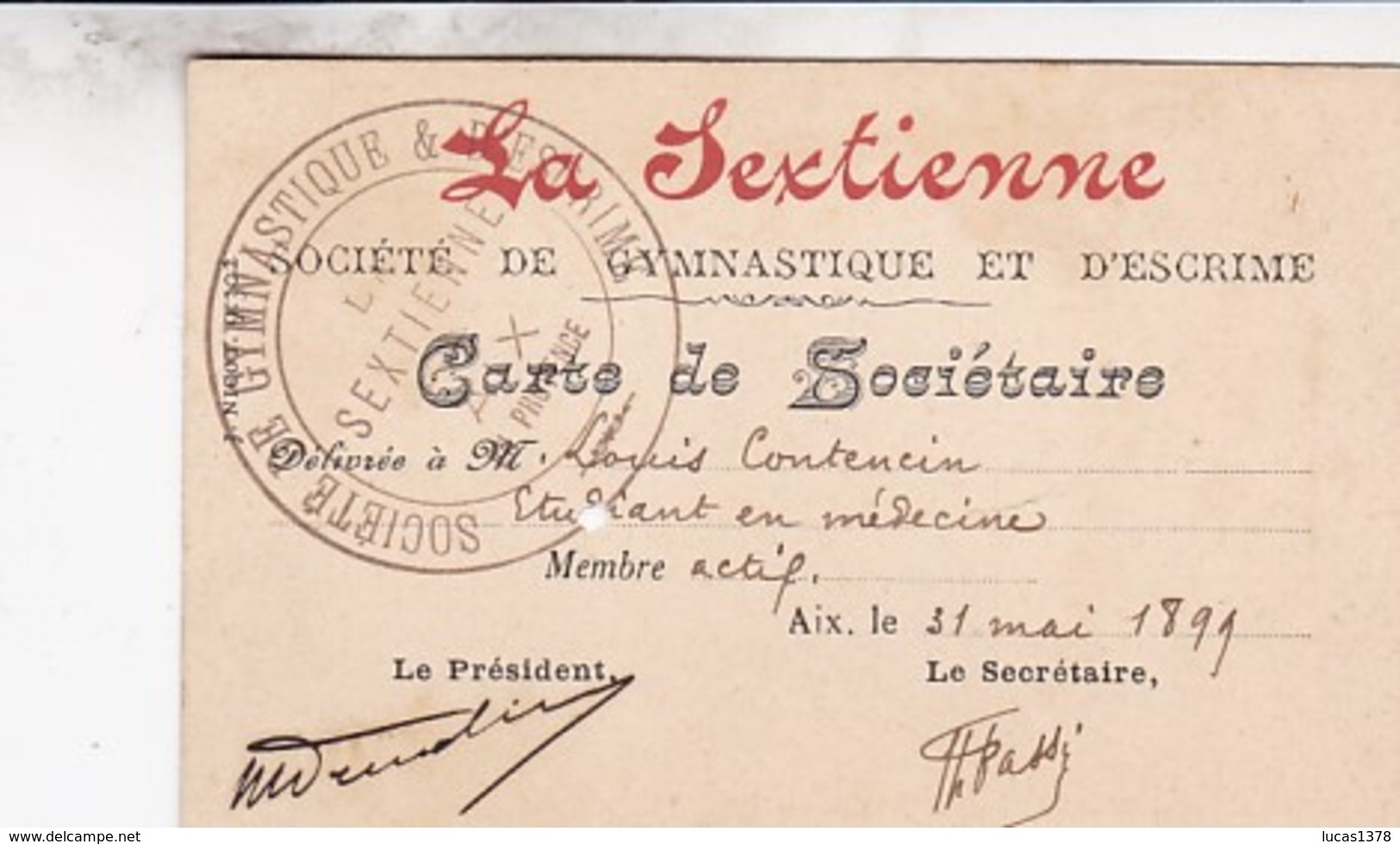 AIX 1899 / CARTE DE SOCITAIRE DE LA SEXTIENNE / GYMNASTIQUE ET ESCRIME - Fencing