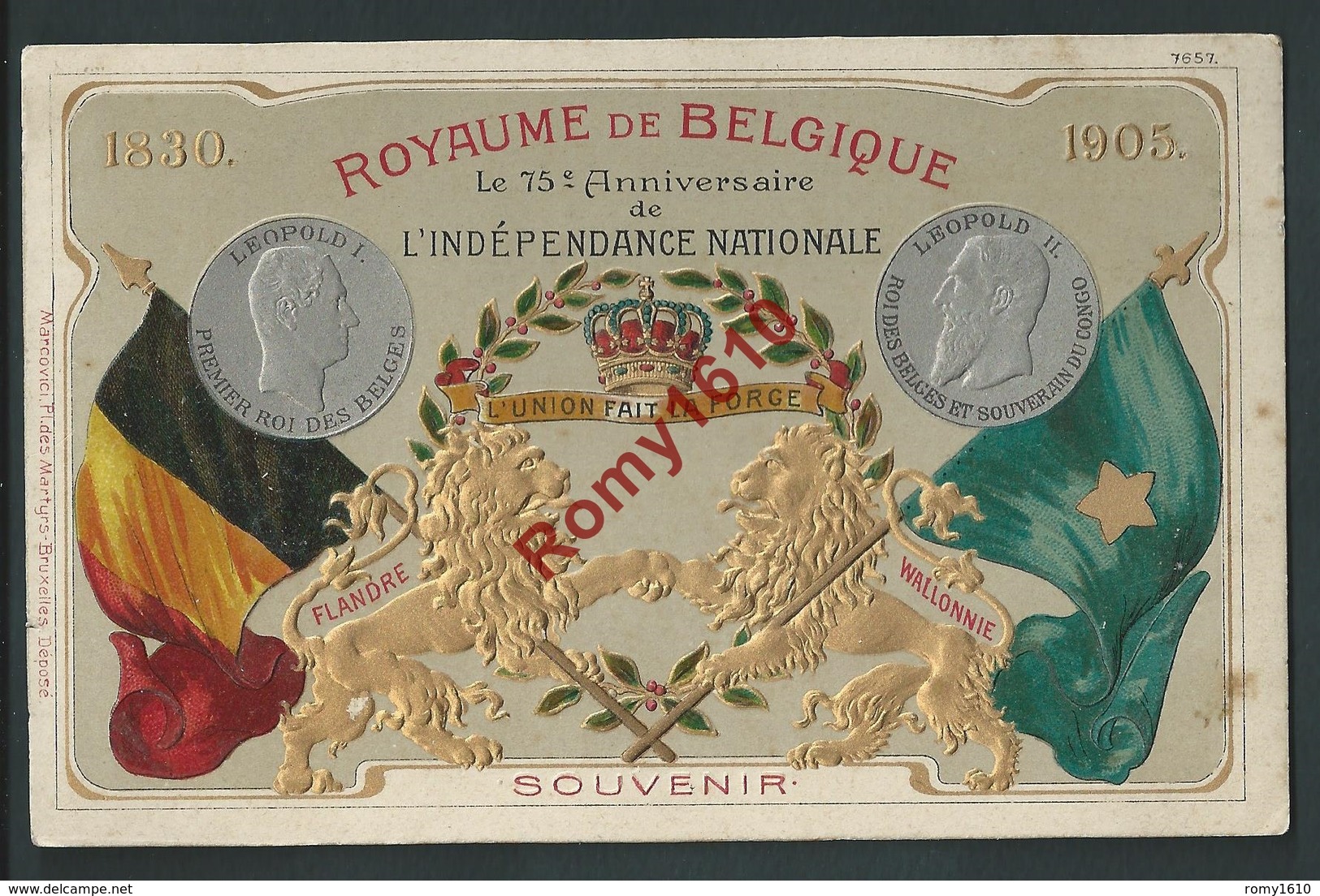 75e Anniversaire De L'indépendance Nationale. Royaume De Belgique.Flandre-Wallonie. M. Marcovici. Litho Gaufrée. 2 Scans - Histoire