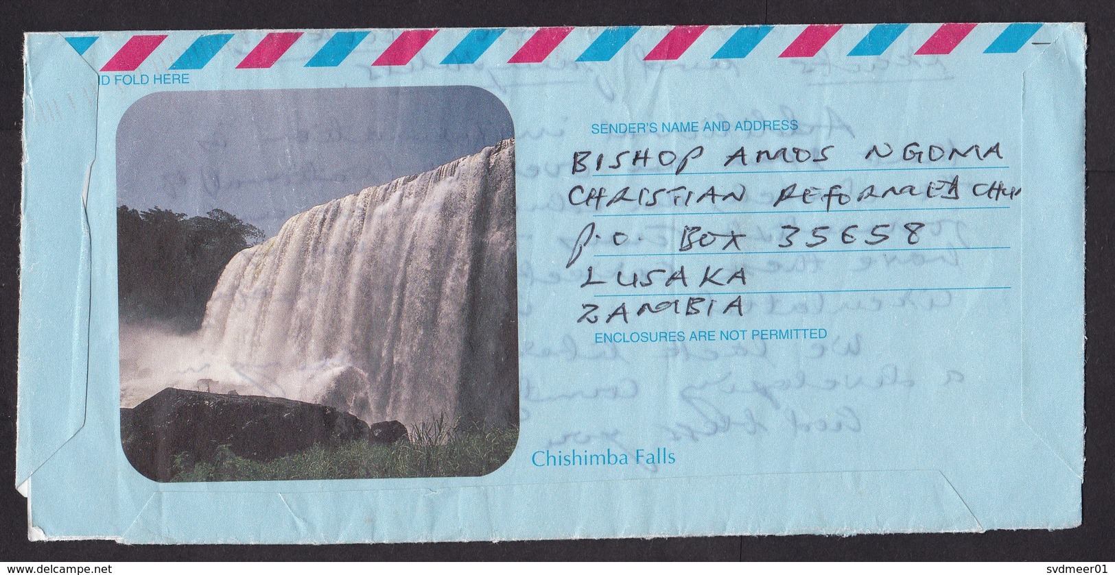 Zambia: Stationery Aerogramme To USA, 2002, Bird, Air Letter, Waterfall, Rare Real Use (minor Damage) - Zambia (1965-...)