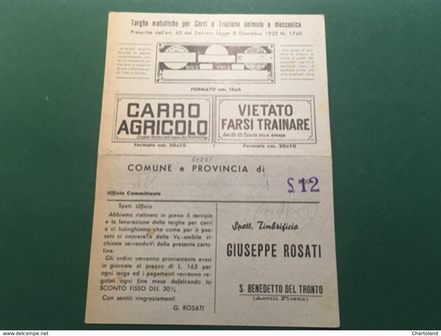 Cartolina Timbrificio Giuseppe Rosati - S. Benedetto Del Tronto - 1948 Ca. - Pubblicitari