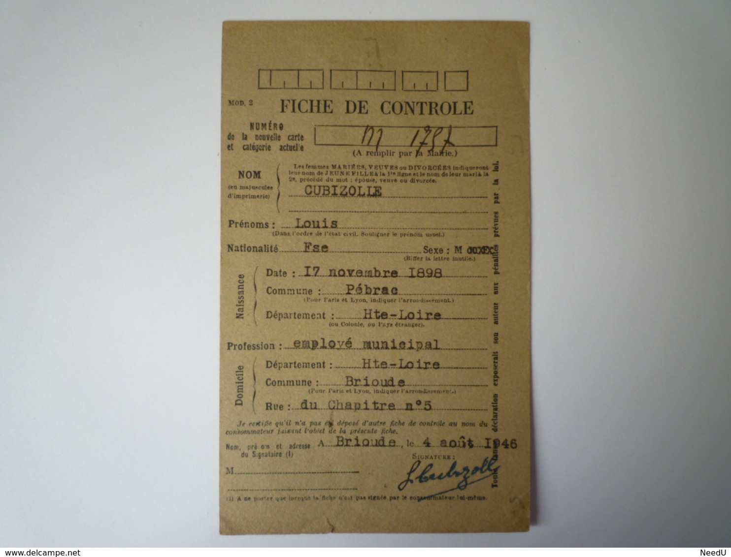 GP 2019 - 1189  BRIOUDE  (Haute-Loire)  :  Carte De RAVITAILLEMENT De Louis CUBIZOLLE  1946   XXX - Zonder Classificatie