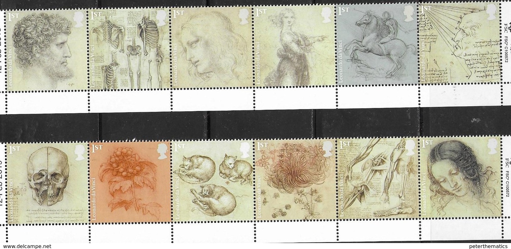 UK, 2019, MNH, LEONARDO DA VINCI, CATS, HORSES, PLANTS, HUMAN BODY, 12v - Other & Unclassified