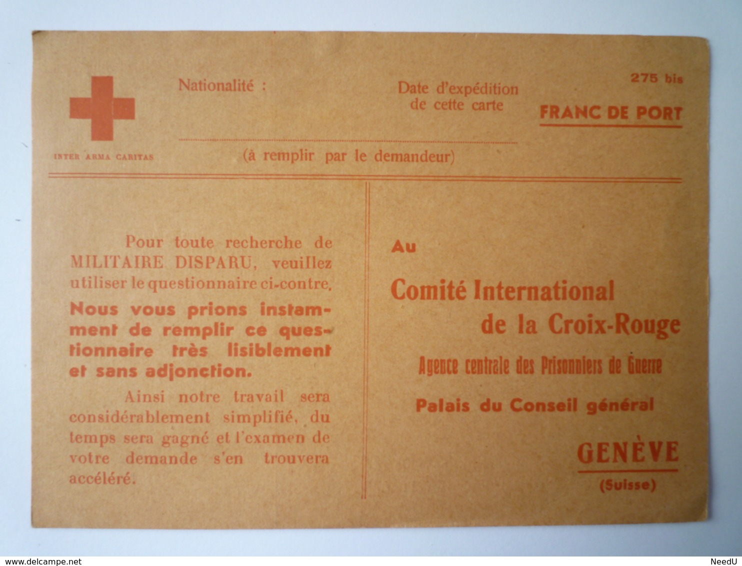 GP 2019 - 1194  Comité International De La CROIX-ROUGE  (Genève)  Carte Pour Recherche De Militaire Disparu   XXX - Sin Clasificación