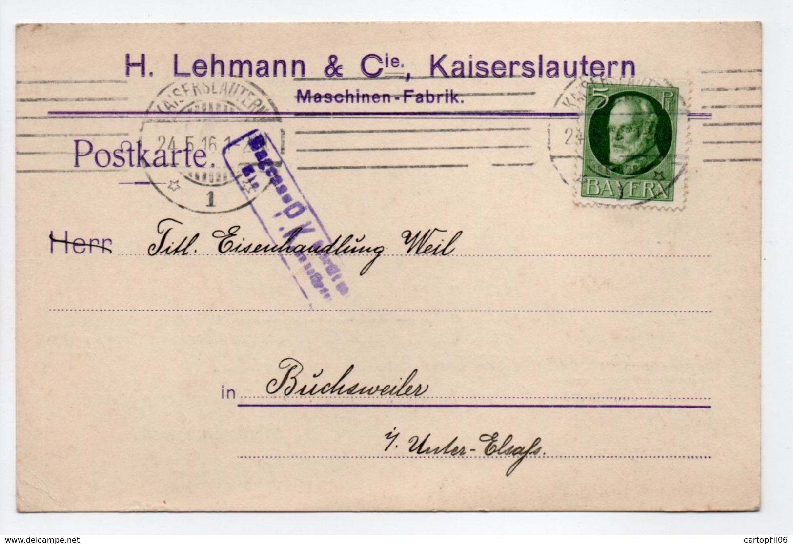 - Postkarte CENSURÉE KAISERSLAUTERN (Allemagne) Pour BUCHSWEILER (Bouxwiller / France) 24.5.1916 - A ETUDIER - - Other & Unclassified