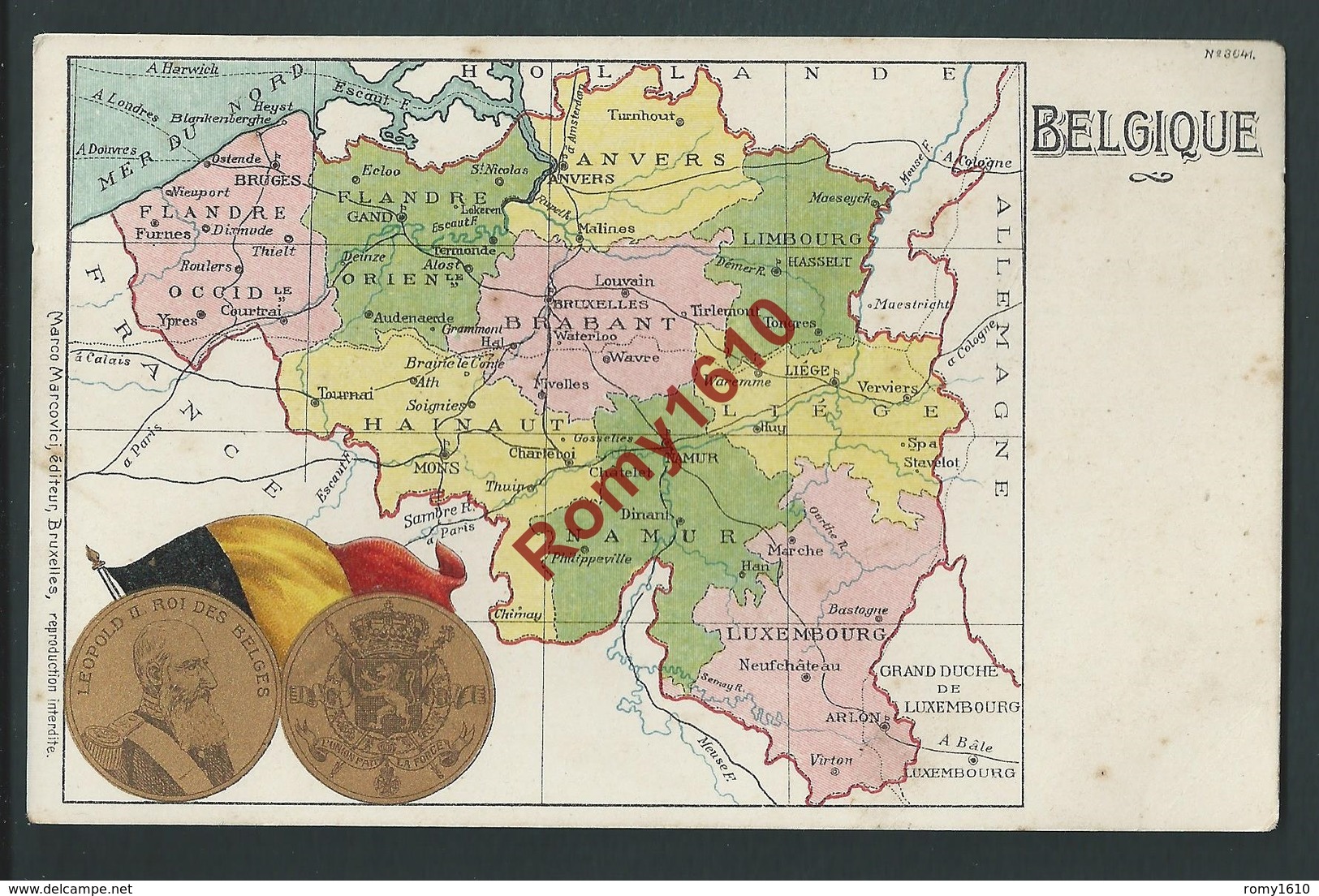 Belgique. Carte Géographique Des 9 Régions. Roi Des Belges  En Médaillon Doré. Litho M. Marcovici. 2 Scans - Cartes Géographiques