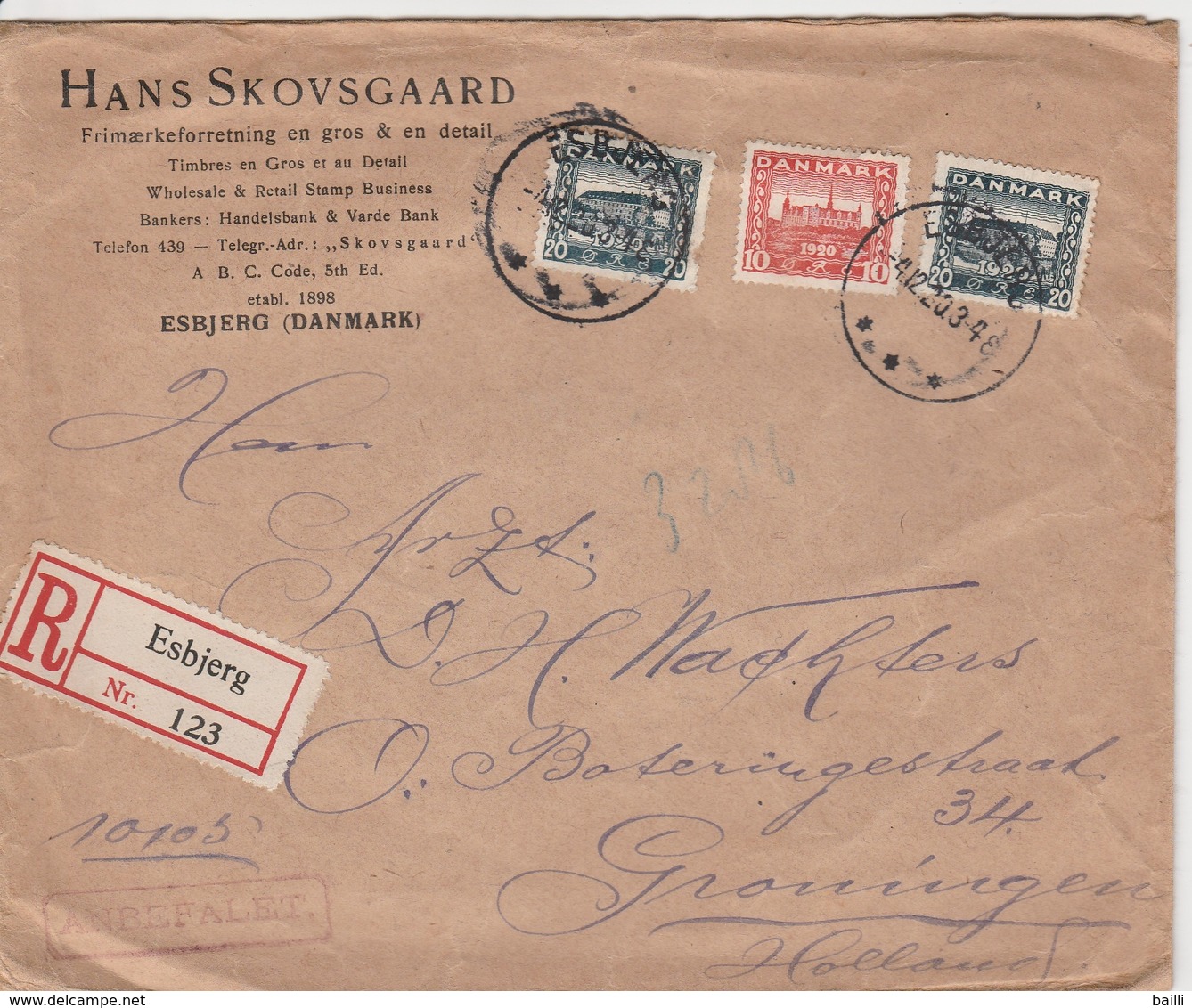 Danemark Lettre Recommandée Esbjerg Pour La Hollande 1920 - Covers & Documents