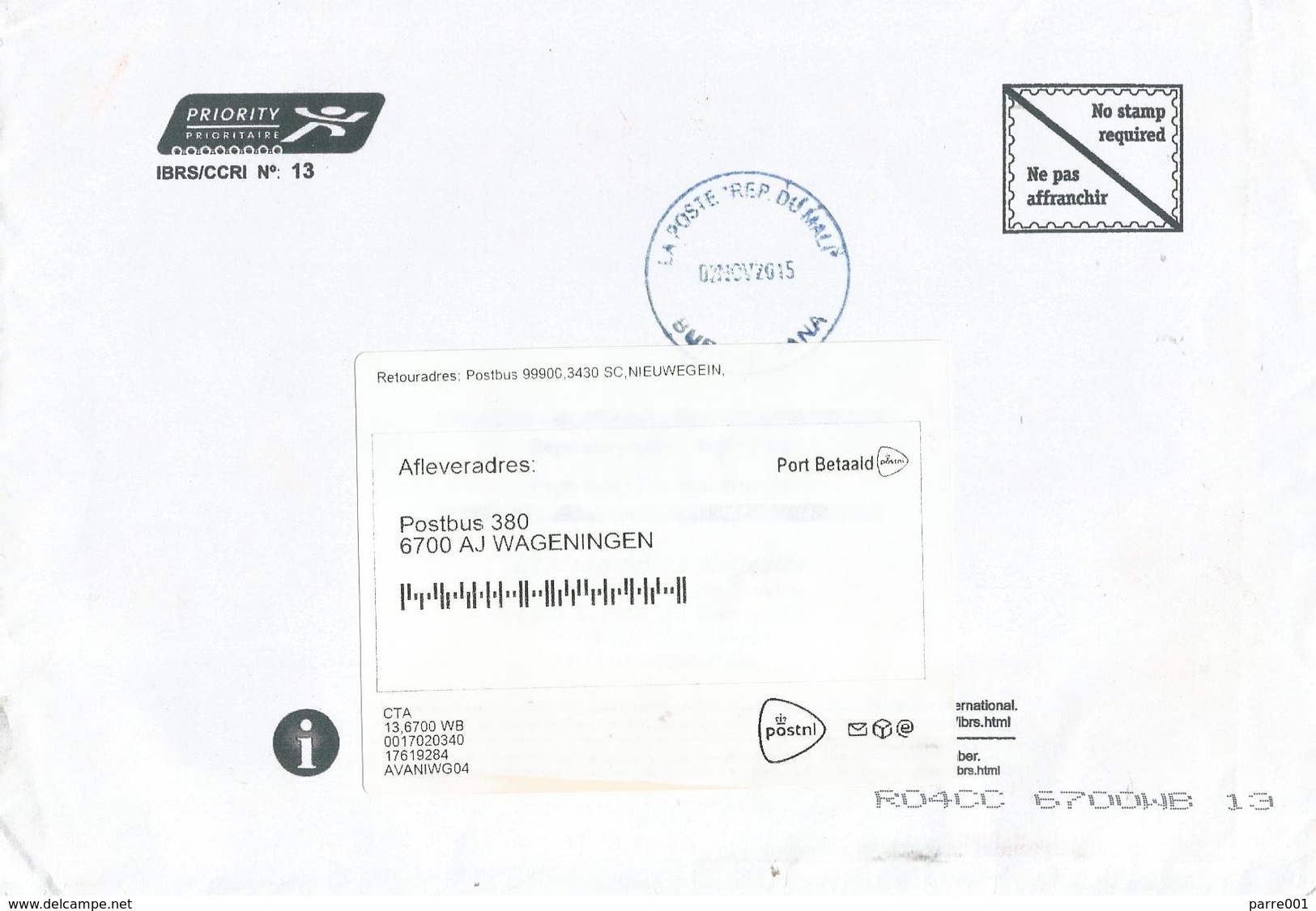 Mali 2015 Fana Unfranked Reply Paid UPU Regulation Explained On Cover - UPU (Unione Postale Universale)