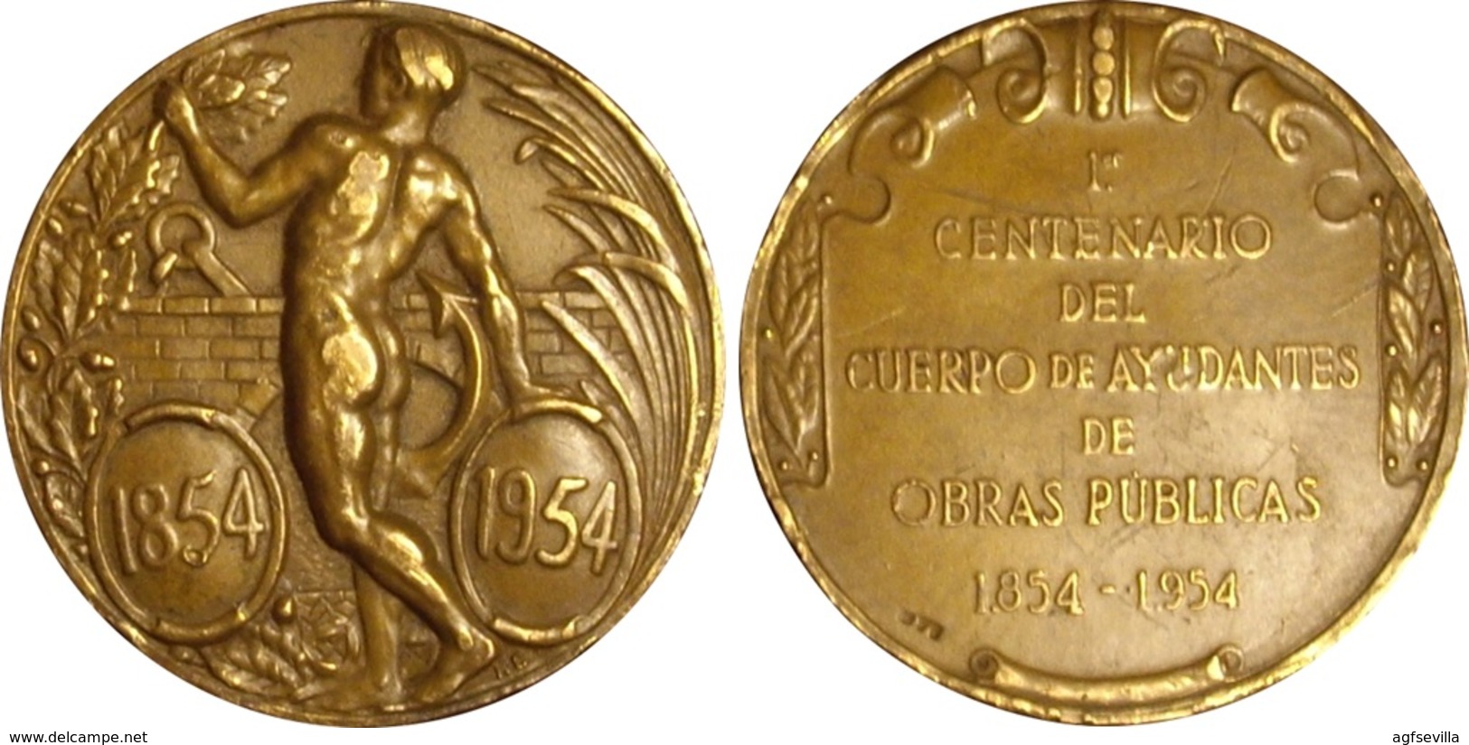 ESPAÑA. MEDALLA 1er CENTENARIO CUERPO DE AYUDANTES DE OBRAS PÚBLICAS. 1.954. BRONCE. ESPAGNE. SPAIN MEDAL - Professionals/Firms