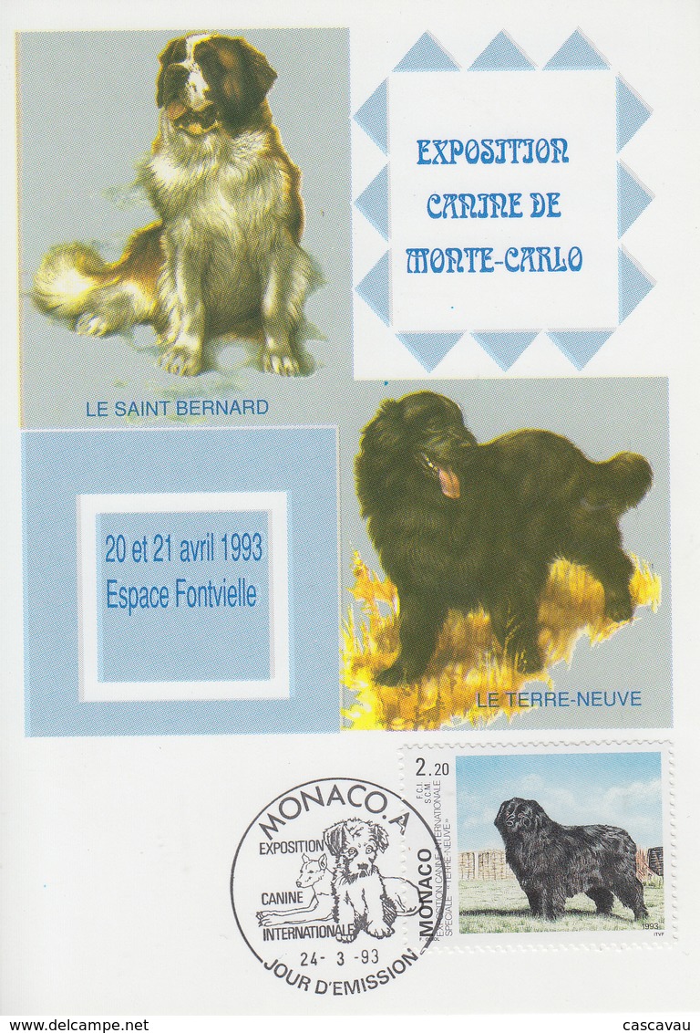 Carte  Maximum  1er  Jour    MONACO    Chien  :  Terre - Neuve    -   Saint - Bernard   1993 - Cani