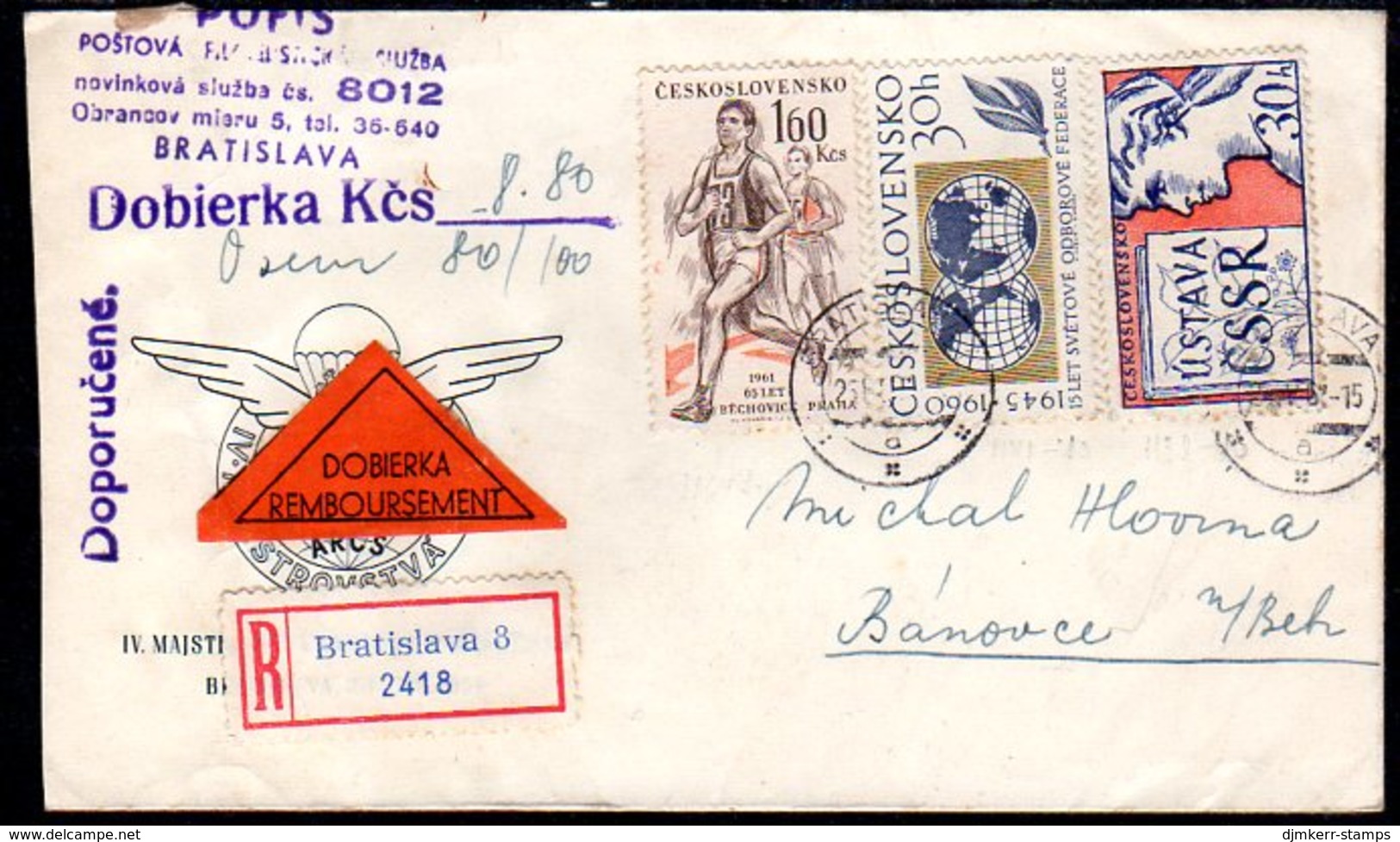CZECHOSLOVAKIA 1962 Registered Cash-on-delivery Cover With Postage Rate 2.20 Kc. - Cartas & Documentos