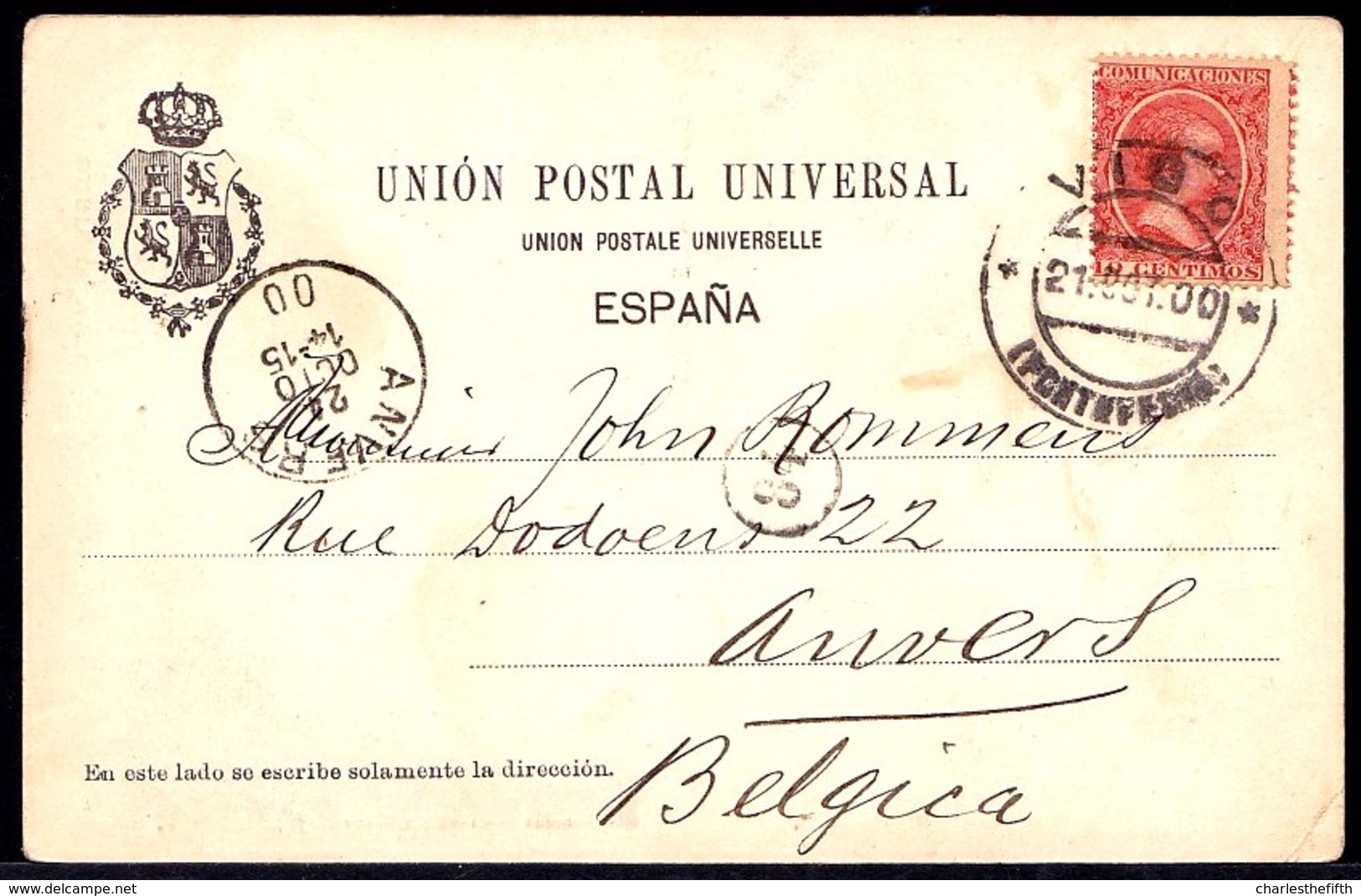 1900 VIGO - TARJETA POSTAL CIRCULADA VIGO A ANVERS 10 CTS. Yvert 200 BERMELLÓN - Lettres & Documents