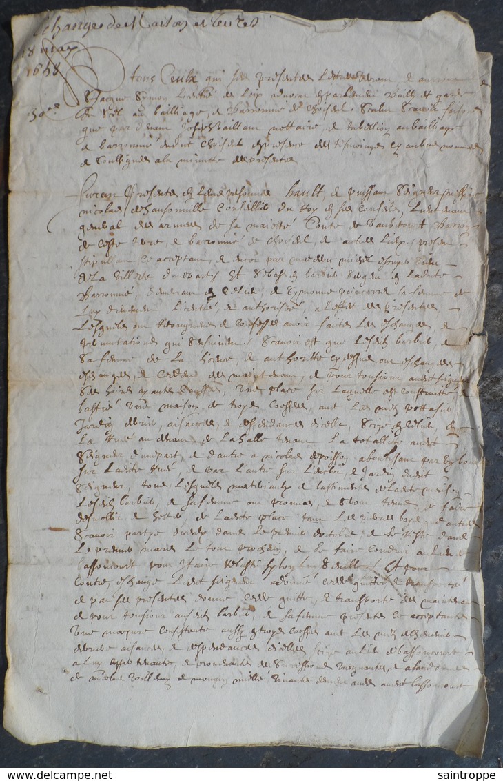 Manuscrit De 1648.Belle Calligraphie à Déchiffrer.Echange De Maison Et Terre Au Domaine De Bassoncourt. - Manuskripte