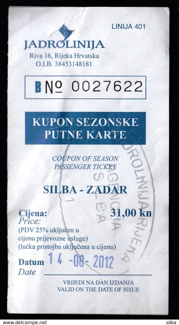 Croatia 2012 / Jadrolinija / Ship Ticket Silba - Zadar - Other & Unclassified