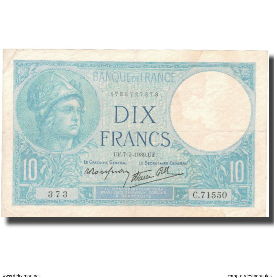 France, 10 Francs, Minerve, 1939, 1939-09-07, TTB+, Fayette:7.6, KM:84 - 10 F 1916-1942 ''Minerve''