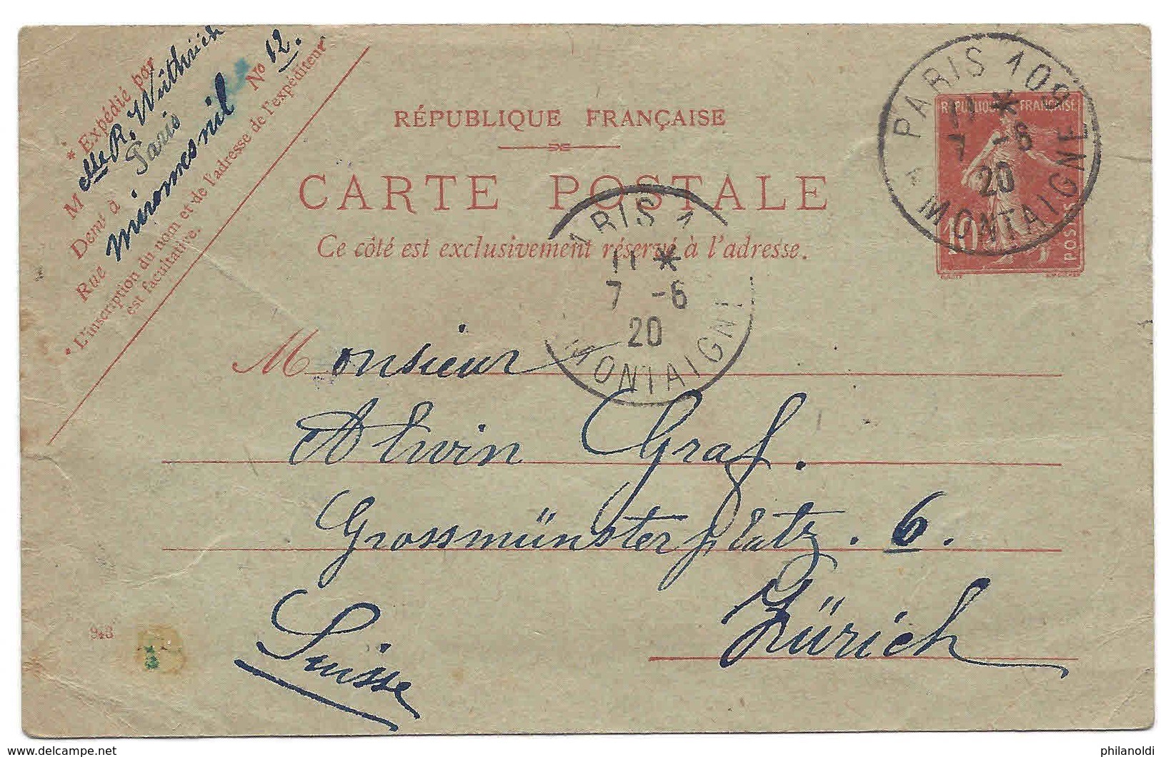 Entier Postal Semeuse Paris 1920, Au Verso 7 Timbres Semeuse Et 5 Timbres Merson, Oblitérés En Suisse Cachet Bouchon - Lettres & Documents