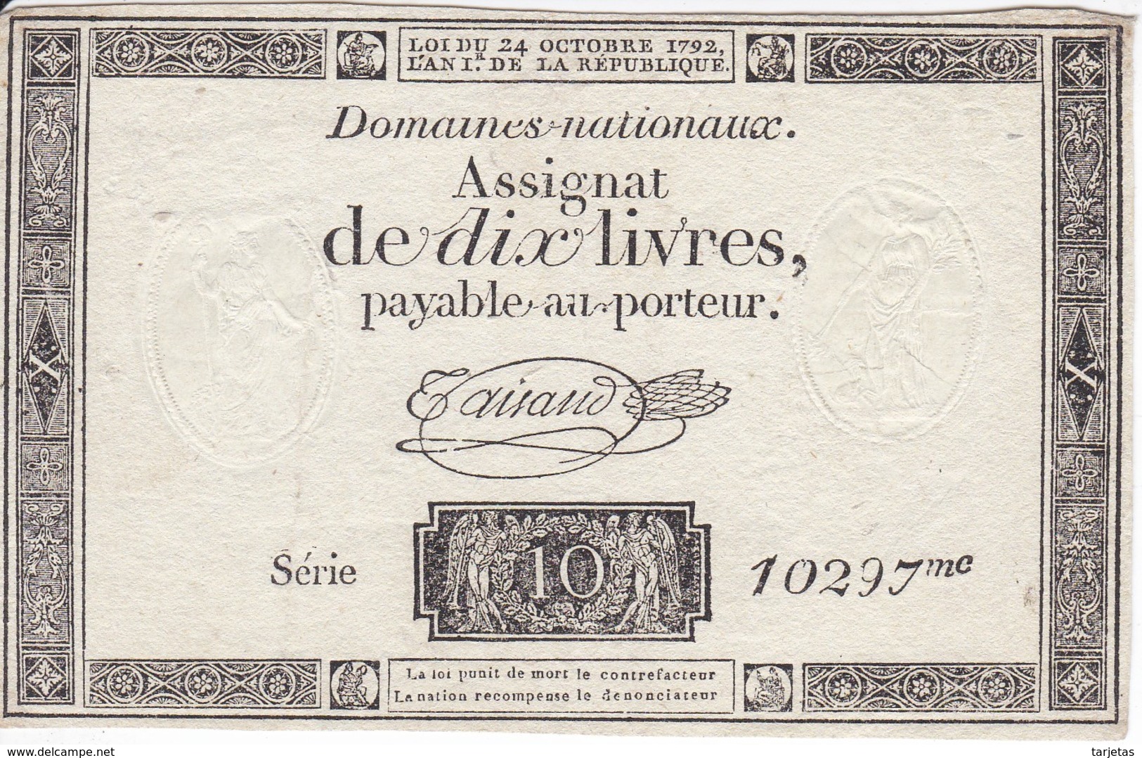 BILLETE DE FRANCIA DE 10 LIVRES DEL AÑO 1792 SERIE 10297  (BANKNOTE) - ...-1889 Circulated During XIXth