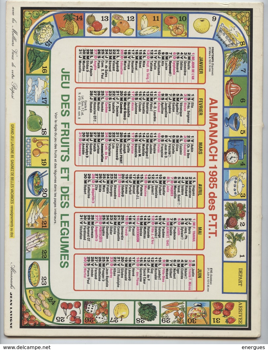 Almanach Des PTT, 1985, Jeu Des Fruits Et Des Légumes,éditeur, Jean Lavigne - Grand Format : 1981-90