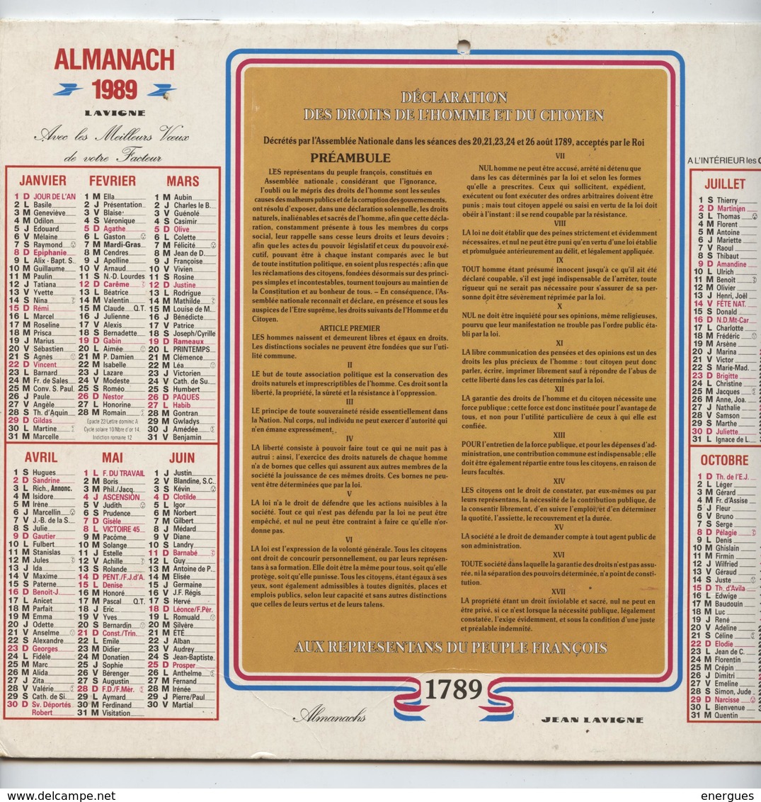 Almanach Des PTT, 1989, Bicentenaire De La Révolution, Prise De La Bastille,déclaration Droits Hom,éditeur, Jean Lavigne - Grand Format : 1981-90