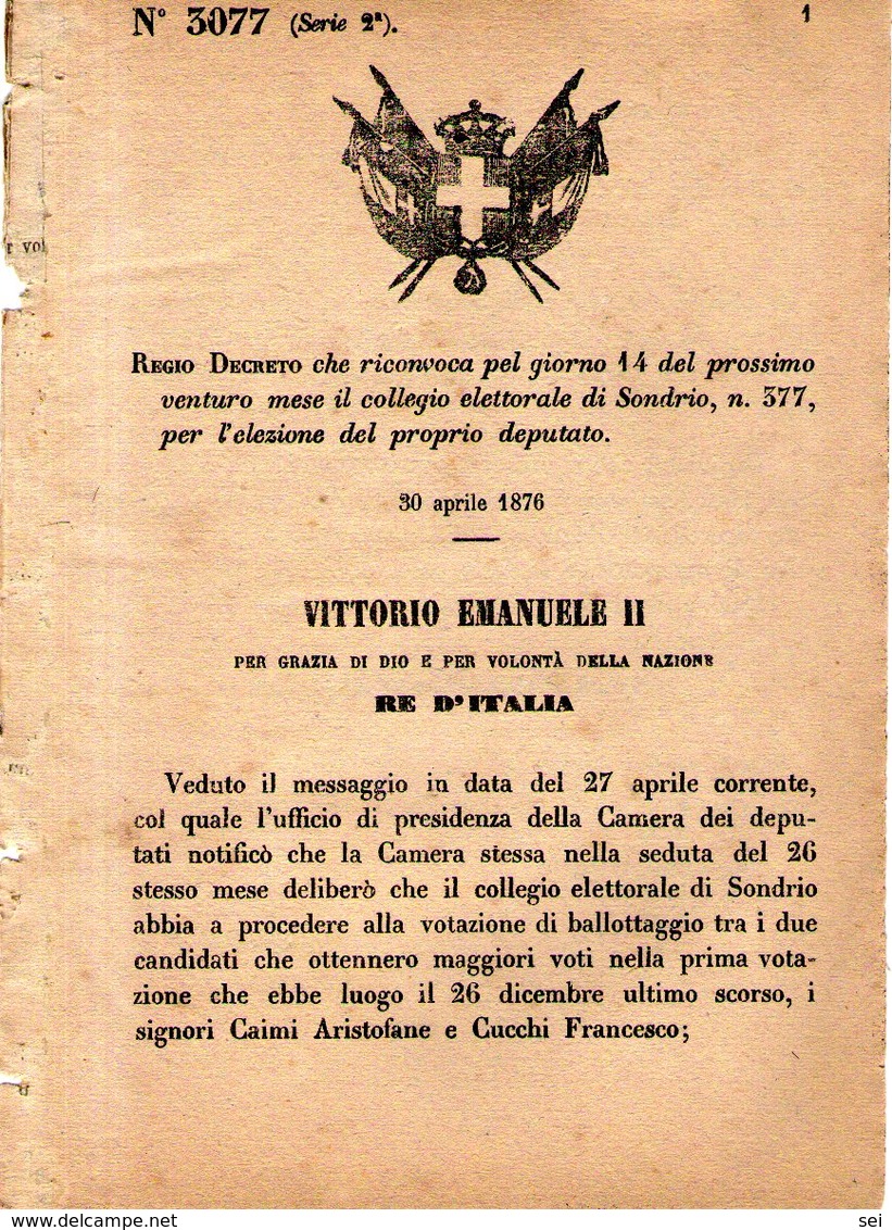 B 2501  - Regio Decreto, Elezioni Sondrio 1876 - Decreti & Leggi
