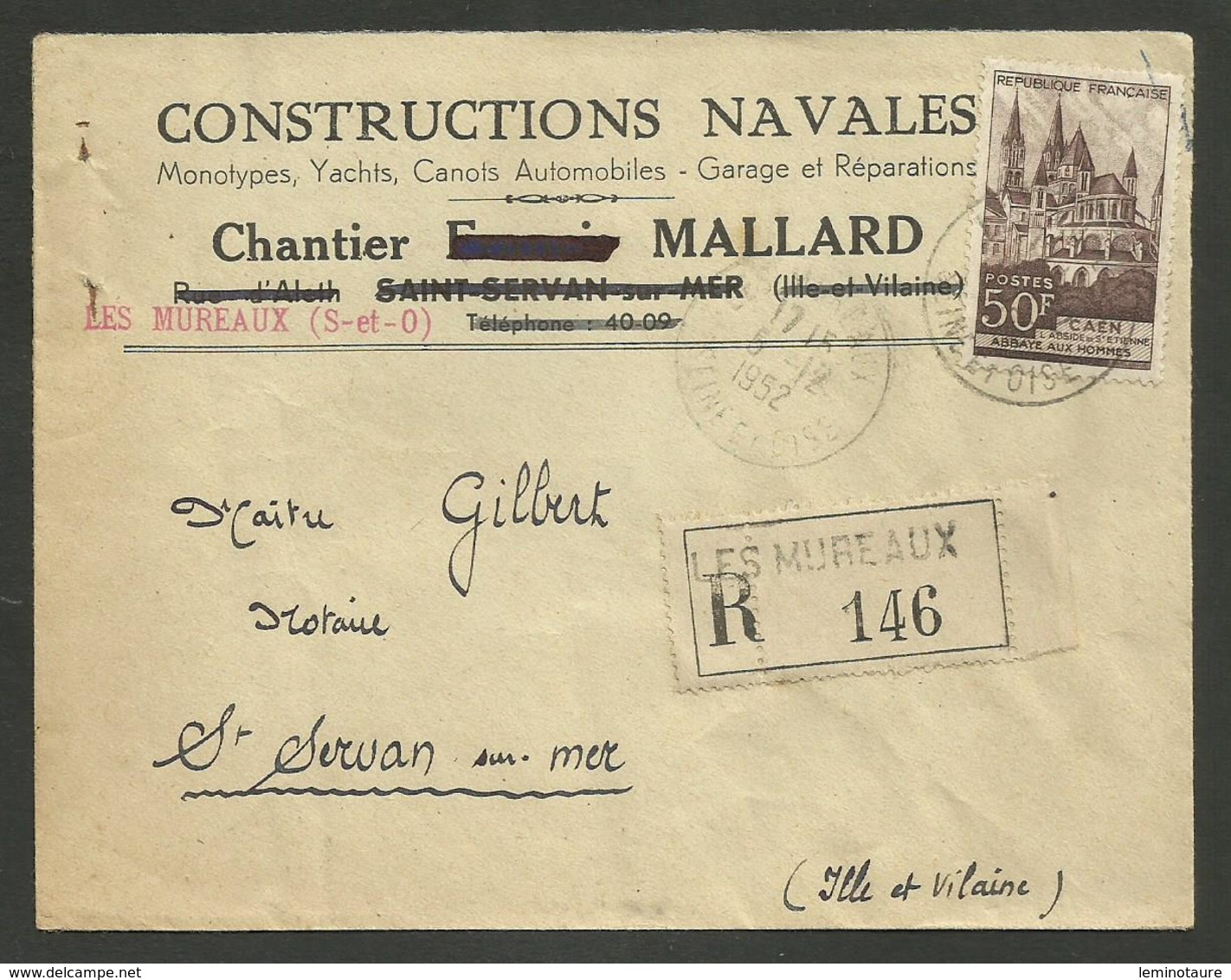 Enveloppe Commerciale " Constructions Navales - Chantier MALLARD " à LES MUREAUX / Recommandé 1952 - 1921-1960: Modern Period