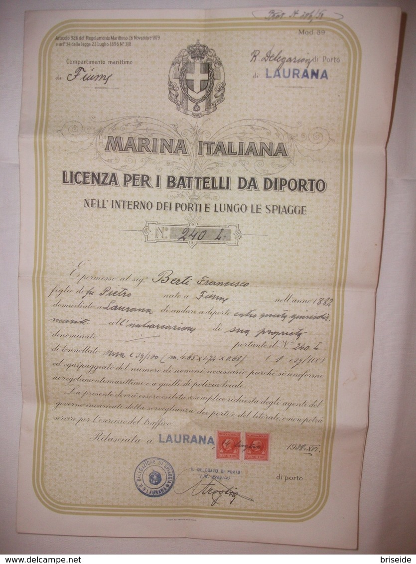 MARINA ITALIANA LICENZA PER I BATTELLI DA DIPORTO COMPARTIMENTO FIUME ( RIJEKA REKA ) PORTO DI LAURANA ( LOVRAN )   1938 - Unclassified