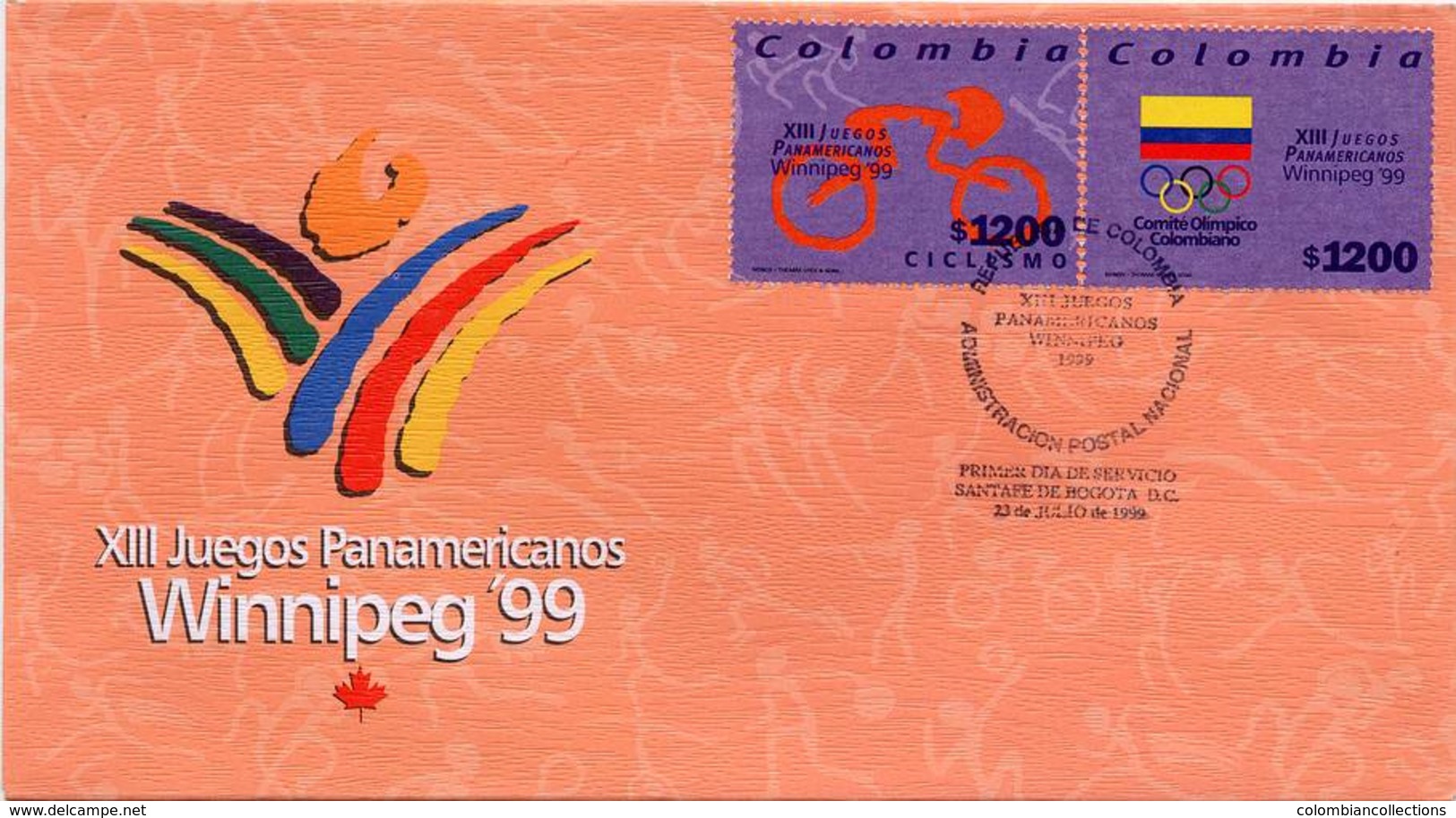 Lote 2137-4F, Colombia, 1999, SPD-FDC, XIII Juegos Panamericanos Winnipeg, Ciclismo, Bandera, Cycling, Bicycle - Colombia