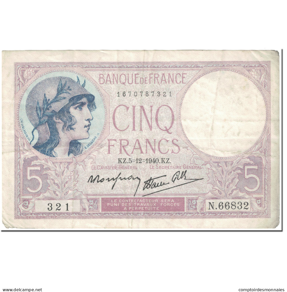 France, 5 Francs, Violet, 1940, 1940-12-05, TB+, Fayette:4.16, KM:83 - 5 F 1917-1940 ''Violet''