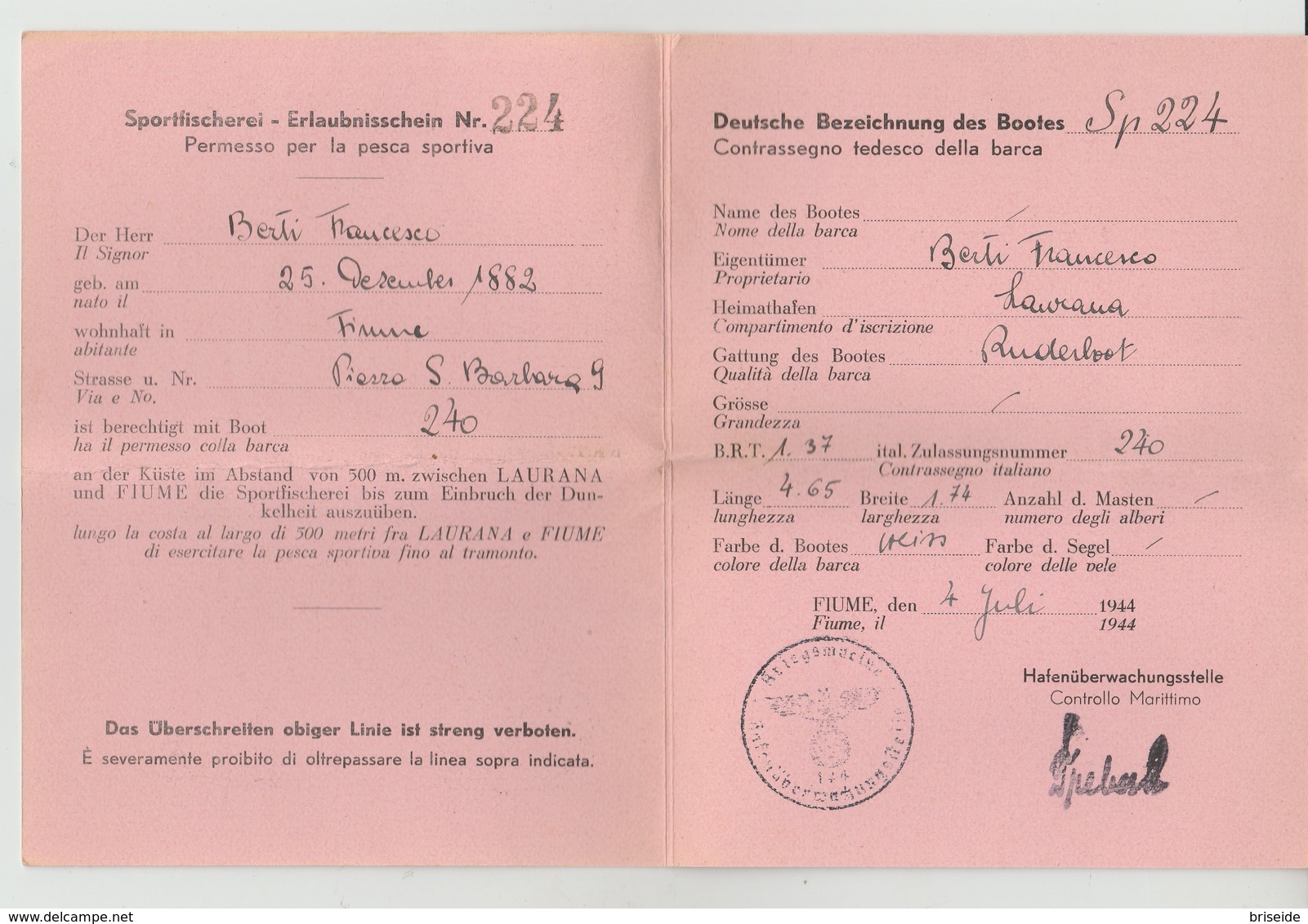 PERMESSO PESCA SPORTIVA    SPORTFISCHEREI LAURANA LOVRAN FIUME RIJEKA REKA  1944 - Historical Documents