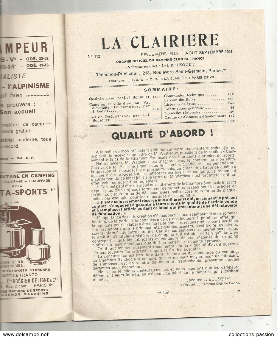 Revue LA CLAIRIERE,1951, N° 112,organe Officiel Du Camping Club De France, 21 Pages, Publicités, 2 Scans Frais Fr 1.95 E - Tourismus Und Gegenden